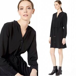 Eileen Fisher Tencel Lyocell Crepe Drawstring Long Sleeve Dress in Black Medium